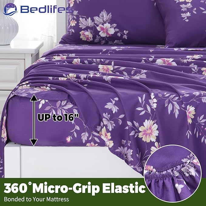 Bedlifes California King Floral 4-Piece Sheet Set - Cooling Sheets Blend Rayon Derived from Bamboo,Soft & Breathable, Deep Pocket 16", Wrinkle Resistant - Vibrant Boho Floral Dark Purple