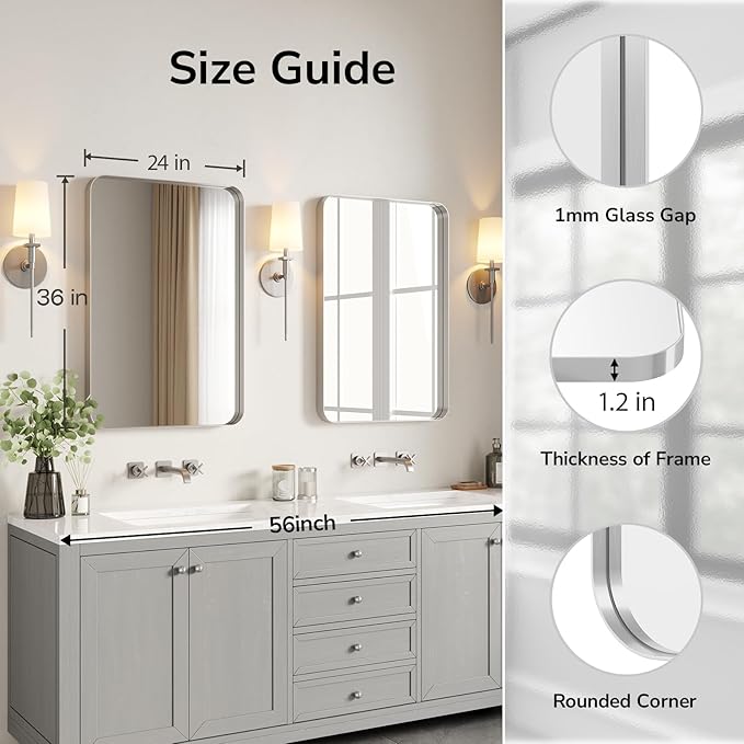 USHOWER Brushed Nickel Bathroom Mirrors 24"x36" 2 Pack, Silver Rectangle Mirrors for Over Sink, Rounded Corner, Aluminum Frame, Anti-Rust, Tempered Glass, Horizontal or Vertical Mounted
