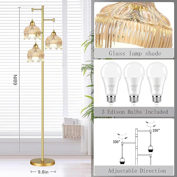 ILLMTW Gold Floor Lamp for Living Room,Bedroom,Mid Century Modern Standing Lamp Brass Tree 3 Light Tall Floor Lamps Vintage Retro Floor Lights Glass Amber Flower Lamp Shade Farmhouse Boho Bohemian