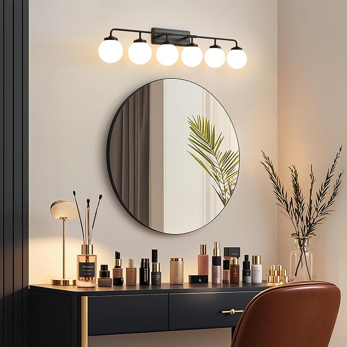 Bathroom Light Fixtures Over Mirror, 6-Light Matte Black Vanity Lighting with Milk White Glass Globe Shades Modern Wall Sconce