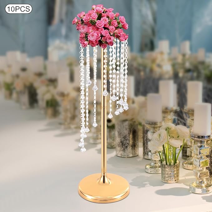Bud Vases | Vase| 10PCS Gold Crystal Flower Vases | 27.5" Height | Elegant Wedding Centerpieces | Sparkling Crystal Accents | for Wedding Aisle Decor, Wedding Reception, Event Centerpieces