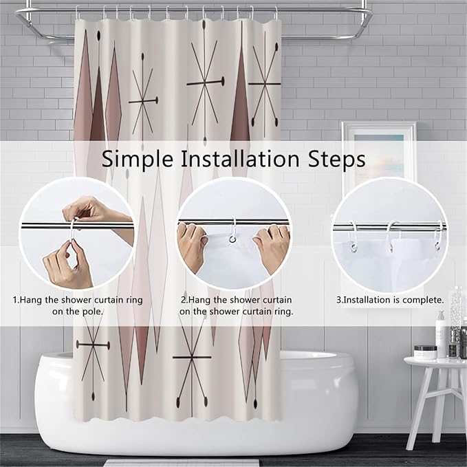 Mid Century Shower Curtain Abstract Light Brown Diamond Geometric Atomic Starburst Pattern Beige Backdrop for 1950s Retro Bathroom Decor Shower Curtain Set with 12 Hooks, 72x96 Inches