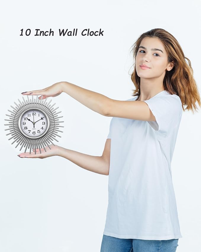 Sunburst 10 Inch Small Wall Clock, Silver Round Analog Clock Battery Operated, Modern Decorative Wall Clock for Living Room, Kitchen, Office, Bathroom