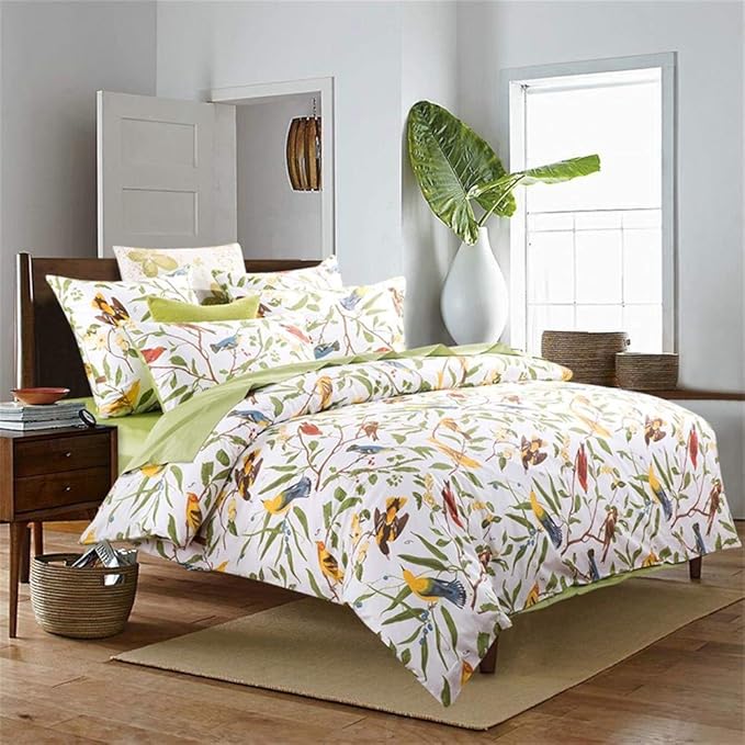 Brandream Duvet Quilt Cover Queen Size, Country Style Bedding Set Colorful Floral Branches Drawing of Summer Blossoms (Queen,Green)