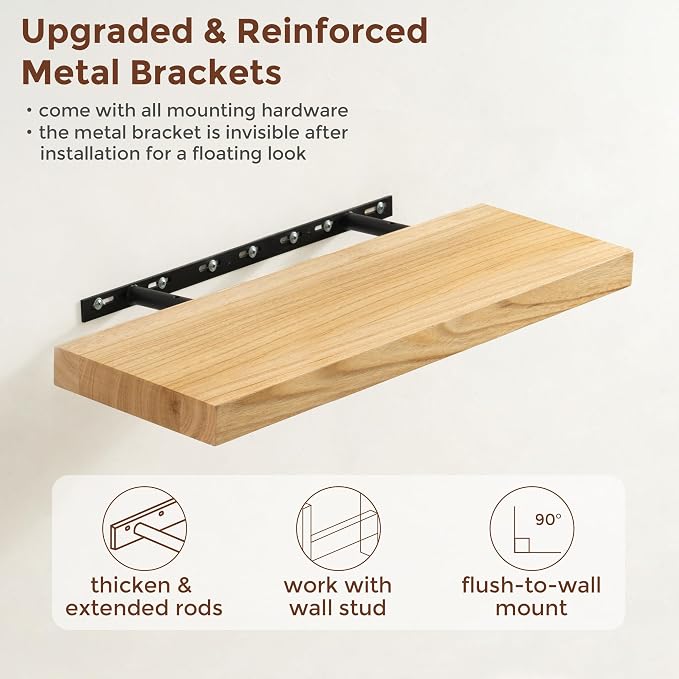 fuqing Natural Wood Floating Shelves | 24 Inch Floating Shelves for Wall Set of 2 | 24" W x 6.7" D x 1.4" H Natural Wooden Shelves for Bathroom Living Room Bedroom Kitchen