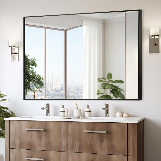 Black Bathroom Mirror, 30"x36" Rectangle Mirror, Matte Black Mirror, Metal Frame Square Corner Vanity Mirror, Wall Mounted Mirror for Modern, Living Room, Bedroom, Horizontal Or Vertical