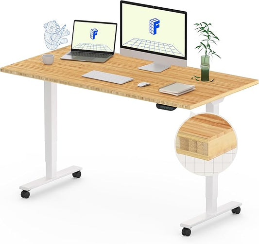 FLEXISPOT E6 MAX Bamboo Dual Motor 3 Stages Standing Desk 48x24 Inch Whole-Piece Board Electric Height Adjustable Stand Up Desk 150KG Load Capacity(White Frame + Bamboo Desktop)