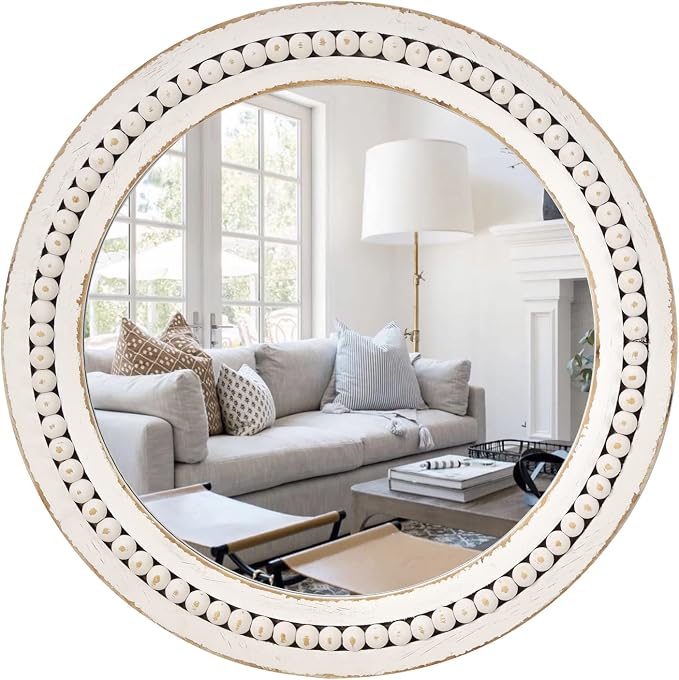 H HOMEWINS Rustic Round Mirror, 24" Wooden Circle Mirrors,Farmhouse Wall-Mounted White Beads Decor Mirror for Bedroom, Bathroom, Living Room,Vanity