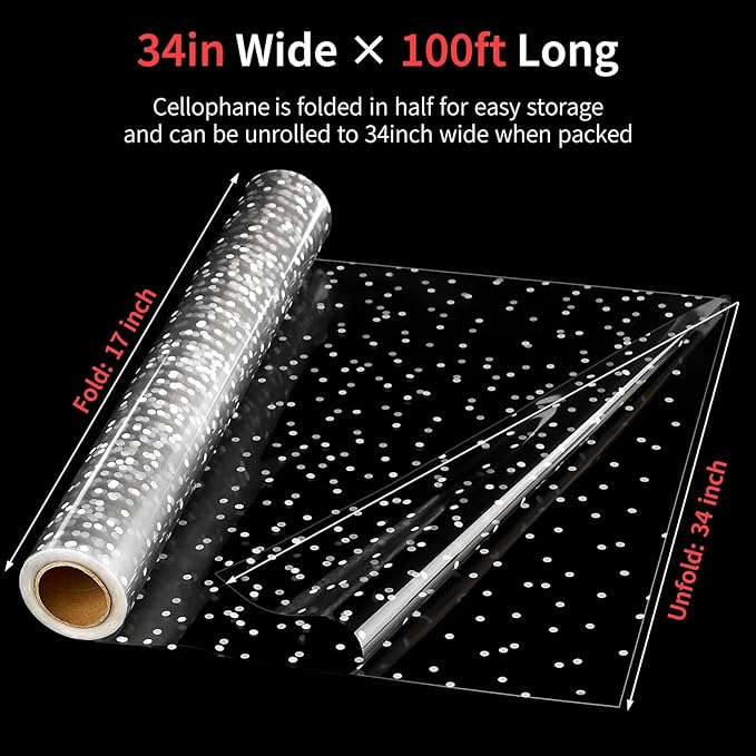 Jutieuo Clear Cellophane Wrap Roll | 100’Ft. Long X 34”In. Wide | 2.5 Mil Thick Crystal Clear with Irregular White Dot | Bouquet, Baskets, Gifts, Crafts, Treats, Wrapping (34" Fold into 17")