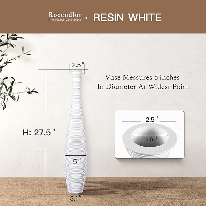 Tall Floor Vase, Large Resin Vase for Rustic Home Decor Modern Farmhouse, Sturdy, Luxury, Textured, Vessel for Decorative Branches Dried Flowers, 27.5 inches Vases for Decor, White
