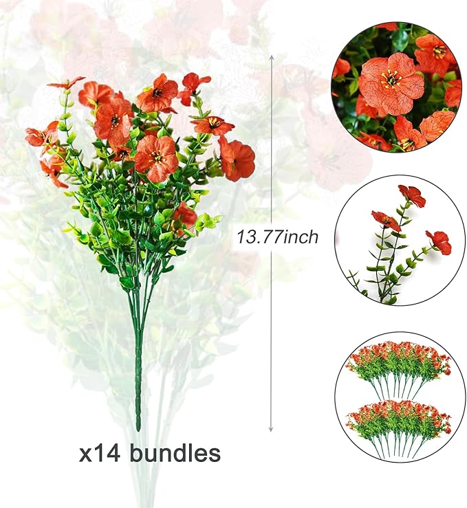 14 Bundles Fake Mums Fake Plants Artificial Mums for Outdoors Artificial Flowers for Yard Porch Home Garden Fall Indoor Outdoor Decor (Orange)