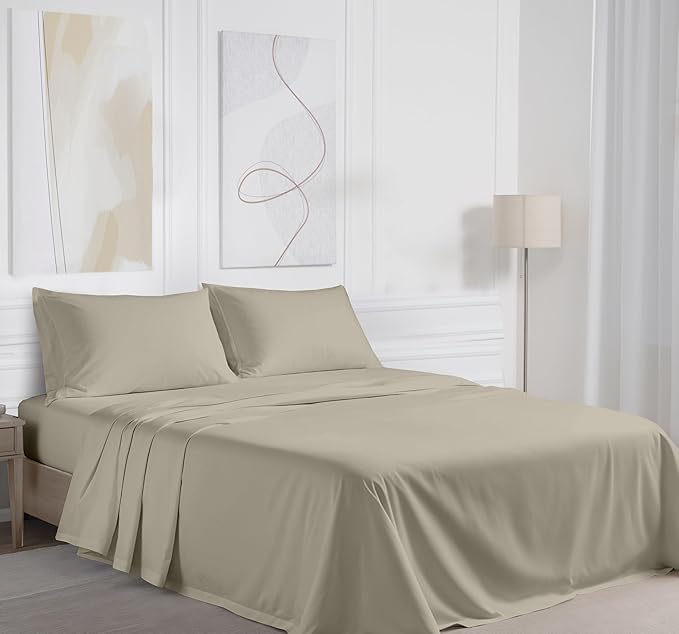 RUVANTI 100% Cotton Sheets Queen Size Set, 4 Pieces, Soft & Breathable Percale Weave Bedding, Deep Pocket 16", Hotel Standard, Crisp Cool Feeling, Durable, Perfect Dyed Bed Sheet, Taupe