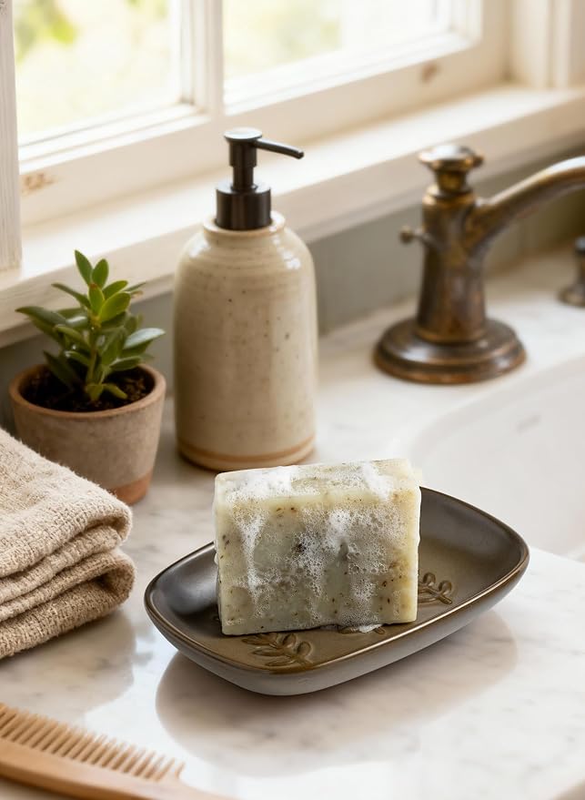 Miamolo Soap Dish Soap Holder Shower, Ceramic Soap Dishes for Bar Soap Sponge, Farmhouse Shower Soap Dish, Large Soap Saver Tray for Bathroom Kitchen Sink, Easy Cleaning, Extend Soap Life, Brown