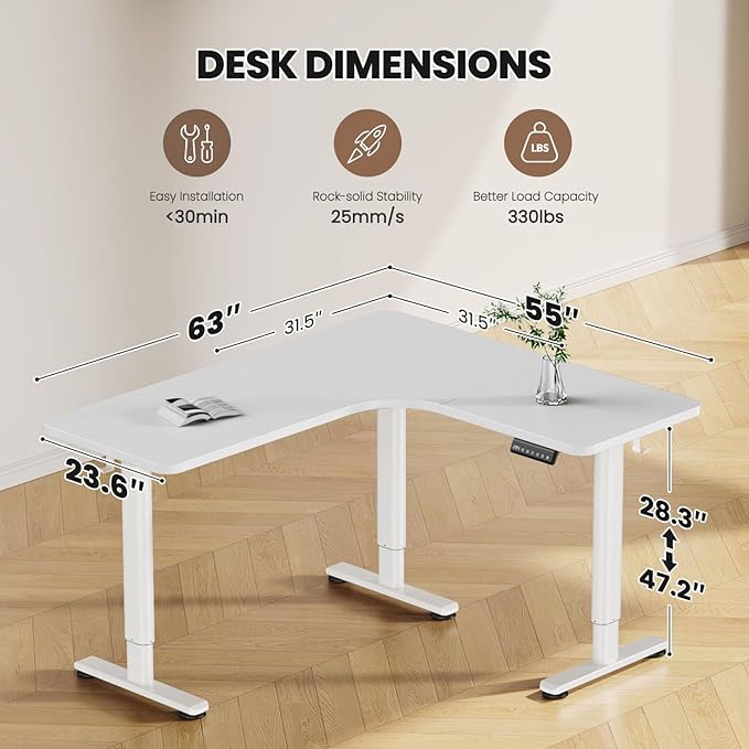 Flycity Electric L Shaped Standing Desk Adjustable Height, 63" x 55" Corner Stand Up Desk, Home Office Desk, Dual Motor Sit Stand Desk, Computer Desk with 3 Memory Preset & Lock, White