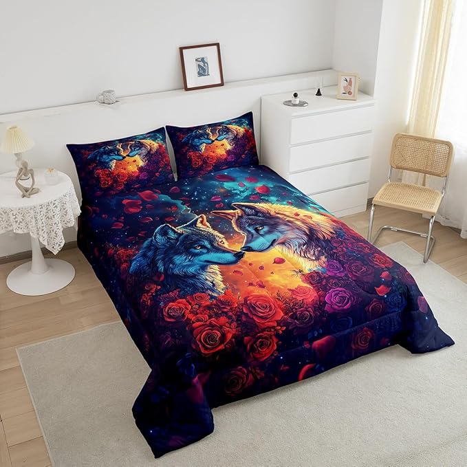 Wolf Comforter Set Twin Size,Wild Animal Print Couple Theme Reversible Bedding Set for Kids Boys Men,Romantic Red Rose Flowers Watercolor Galaxy Quilted Duvet Set with 1 Pillowcase