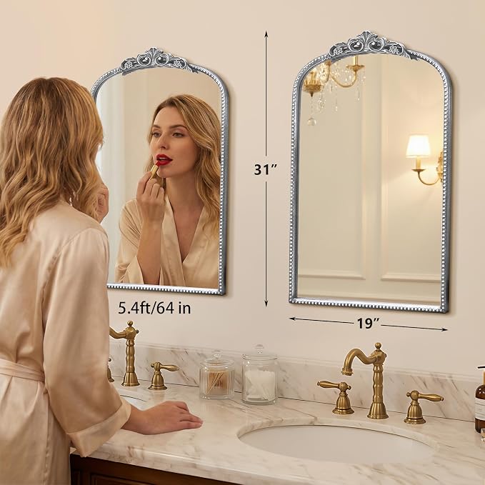 Micasso Vintage Arched Silver Mirror: 31"x19" French Baroque Antique Mirror - Traditional Ornate Decorative for Wall/Bathroom/Entryway/Fireplace/Hallway - Home Decor for Living Room