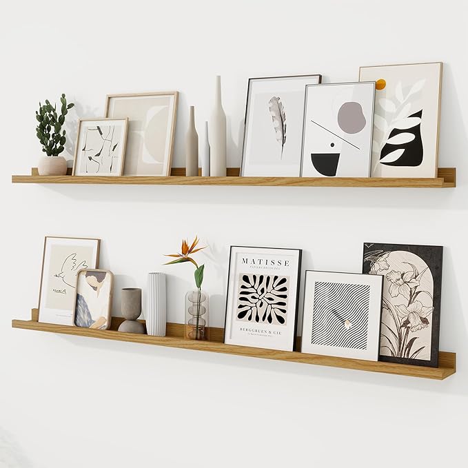 RICHFOCUS Picture Ledge Shelf, 55 inch Floating Shelves Set of 2, Wood Wall Shelves with Lip, Wall Decor Storage for Bedroom Living Room Bathroom Kitchen Nursery Photo Picture, Oak