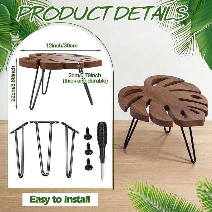Novabright Monstera Leaf Short Plant Stand Small Wooden Plant Stool Stand Risers Pedestal Display Decorative for Flower Indoor Outdoor Rustic Farmhouse Table Balcony Home Office Bedroom Decor