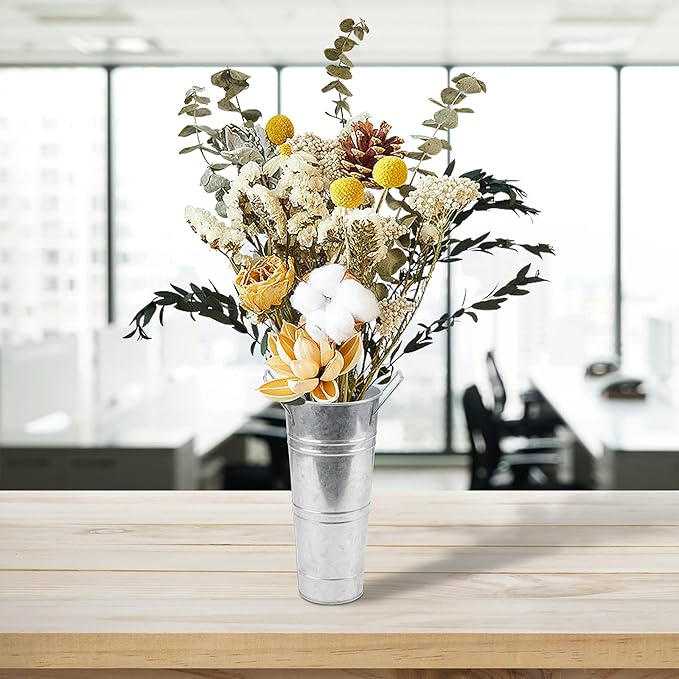 HOIGON Set of 8 Galvanized Metal Flower Vases, 9 Inch Rustic Farmhouse French Bucket with Handles,Metal Flower Holder for Weeding, Table, Home Decoration
