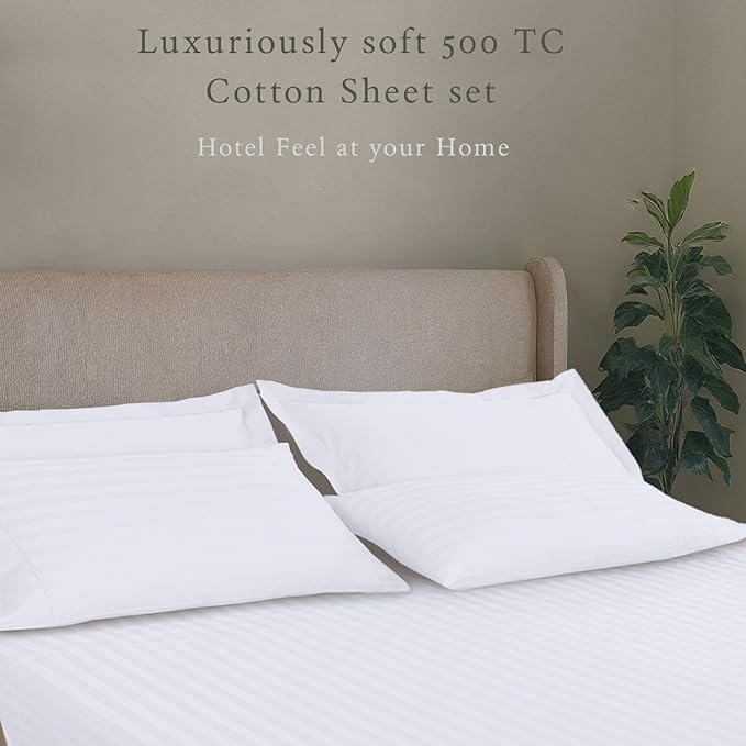 Threadmill 500 Thread Count King Size Damask Stripe, 4 Pc Luxury Cotton Bed Sheet Set, Silky Soft Hotel White Sheets with 16" Elasticized Deep Pocket, 2 Pillowcases & Free Tote Bag