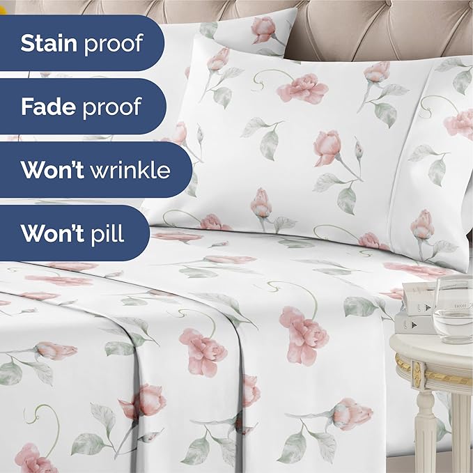 Floral Sheets - Floral Rose Bed Sheet Set - 1 Flat, 1 Fitted & 2 Pillowcases w/ Deep Pockets -Comfy, Wrinkle & Fade Free - Boho Botanical Bedding - Soft, Breathable and Cooling - Cal King Size Set