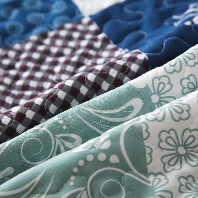 Dinjoy Reversible Patchwork Quilt Bedding Set Full Size Blue Green Grey Plaid Floral Pattern Bedspread Set Soft Microfiber Coverlets Bed Set 3 Pieces Spring Summer Fall Use (78x90 inches)