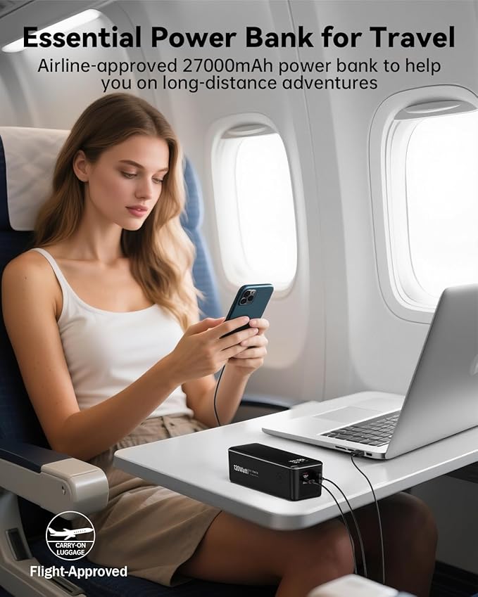 WOXABHSL 27000mAh 120W Fast Charging Power Bank, High Capacity 3-Port Laptop Portable Charger with Smart Display, Compatible with iPhone 16/15/14, Vision Pro, Samsung, MacBook & More