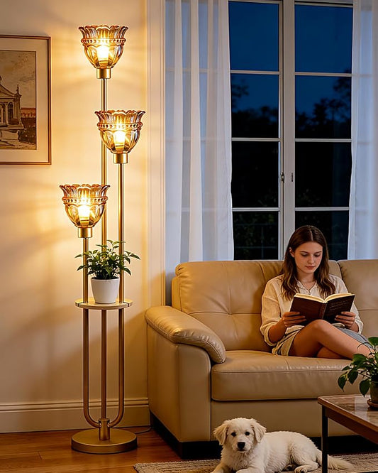 Lightdot Glass Floor Lamp for Living Room Mid Century Modern Gold Floor Lamp with Amber Glass Shade 3000K Bulbs Included Tall Standing Lamp with 5Lbs Heavy Base for Bedroom/Sofa Beside/Corner Decor