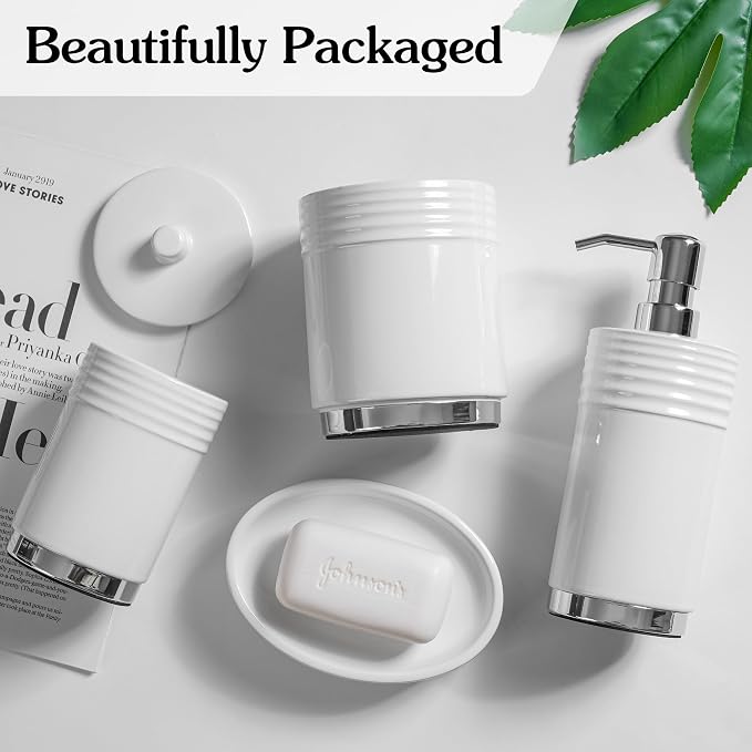 RQYIXI Bathroom Accessories Set 4 Pieces Ceramic Bathroom Accessory with Metal Base Set Contain Soap Dispenser Cotton Swab Jar Toothbrush Cup Soap Dish