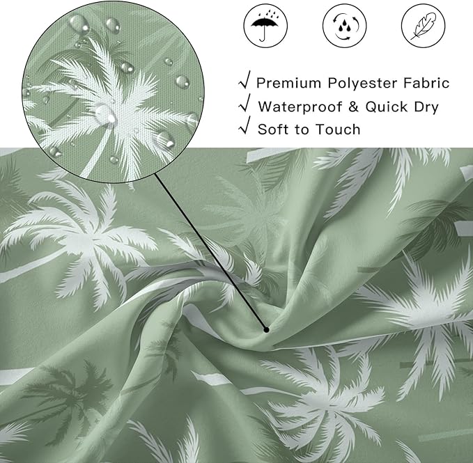 Tropical Palm Tree Shower Curtain, Summer Hawaii Coconut Tree Sage Green Bathroom Curtain Decor, Polyester Waterproof Bath Curtian Accessory Set 12 Hooks 72x72 inch