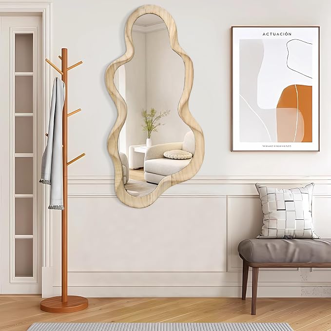 Asymmetrical Mirror for Wall Decor Large Modern Wooden Framed Wall Mirror Unique Shape Wall Mounted Vanity Artistic Wavy Mirror Decorative for Living Room Bedroom Bathroom Entryway Natural