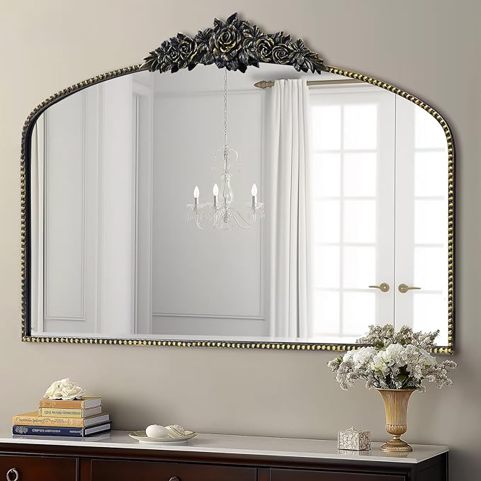 Antique Black Arched Mirror 48"x30", Victorian Vintage Black Mirrors with Ornate Metal Frame, Baroque Mirrors for Fireplace/Entryway/Dining Room/Living Room/Bathroom