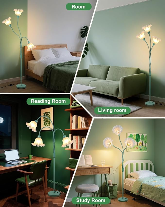Flower Floor Lamp for Living Room, Modern Tree Floor Lamp with Adjustable Heads, 3 Light 3000K Soft Warmwhite Mid Century Standing Tall Lamp with 5Lbs Heavy Base for Bedroom Kids Room-Green
