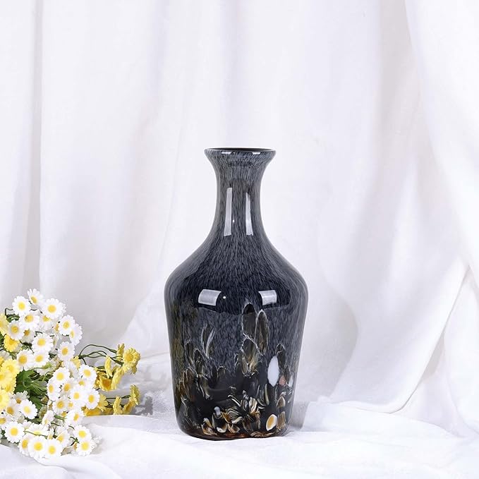 Hand Blown Glass Vase Smoke Gray – Murano Style Art Glass Vase with Rounded Belly and Wide Mouth, Bubble Vase, Elegant Centerpiece for Floral Arrangements in Dining or Living Room (Gray)