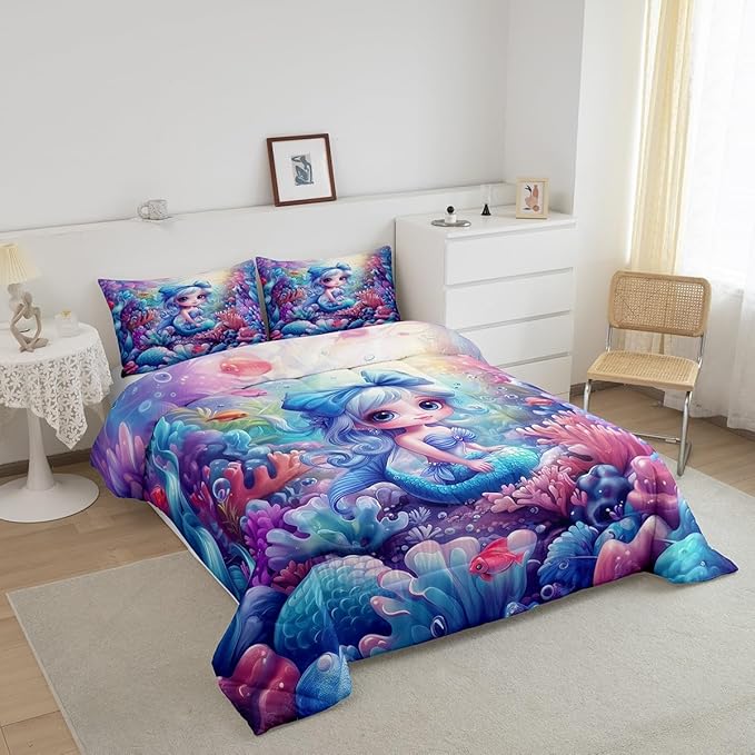Cute Mermaid Comforter Set King Size,Beautiful Mermaid Fairy Tale Reversible Bedding Set All Season Quilt Set,Watercolor Coral Cartoon Undersea World Microfiber Polyester Down Comforter