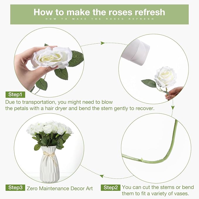 30 Pcs Rose Artificial Flowers in Bulk Real Touch Long Stem Silk Roses Bouquets Realistic Faux Flowers for Wedding Bridal Shower Home Decor Floral Arrangements Table Centerpiece(White)