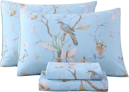 RYNGHIPY Egyptian Cotton Bed Sheet Set Blue Bird Botanical Pattern Bed Sheets Deep Pocket Fitted Sheet Tree Branches Print Bedding Soft Breathable (Light Blue,Queen Size)