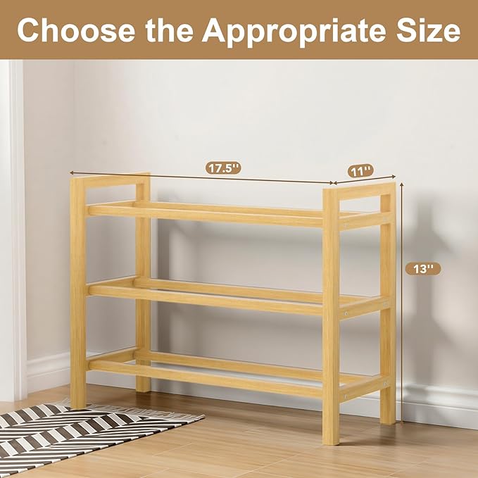 Haddockway Bamboo Shoe Rack for Closet, Free Standing Shoe Organizer with Smooth Round Rods & Convenient Handles, Stackable Shoe Storage Shelf for Entryway, Hallway(Natural, 3-Tier(Small))