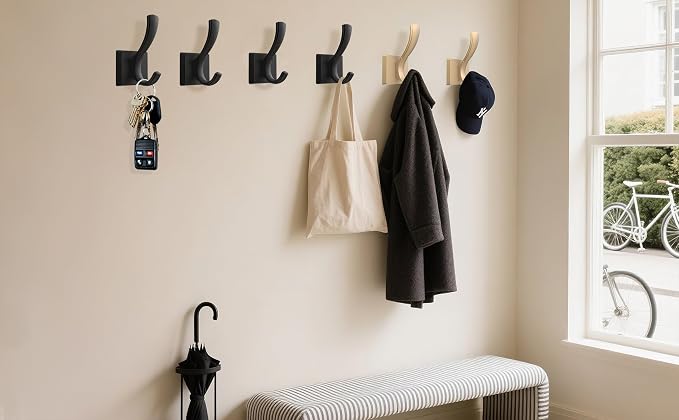 TOFIIGREM Gold Towel Hooks for Wall, Heavy Duty Thick Metal Bathroom Coat Hooks for Hanging Key Robe Hat Backpack, Wall Mount Hooks Bath Kitchen Garage Hooks(8 Pack, Gold)