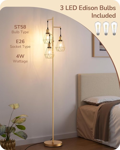 EDISHINE 70'' Dimmable Industrial Floor Lamp - Rustic Diamond-Shaped Shade | 3 LED Edison Bulbs Included, Gold