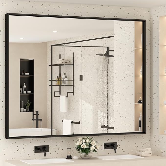48x40 Inch Black Metal Framed Bathroom Mirror for Wall, Large Rectangle Mirror, Matte Black Bathroom Vanity Mirror, Anti-Rust, Square Corner, Shatterproof (Horizontal/Vertical)