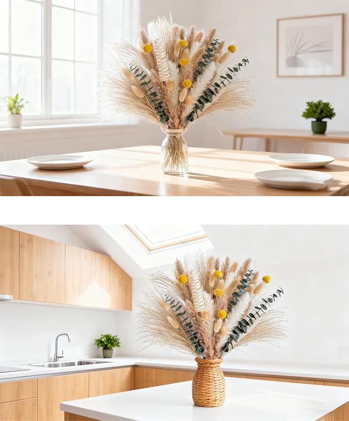 Pampas Grass Boho Decor Bouquet - Natural Dried Flowers Including Billy Balls,Eucalyptus,Bunny Tails Grass,Multi-Scene Decor for Home/Wedding/Living Room/Entryway | Versatile Ins-Style Home Ornament