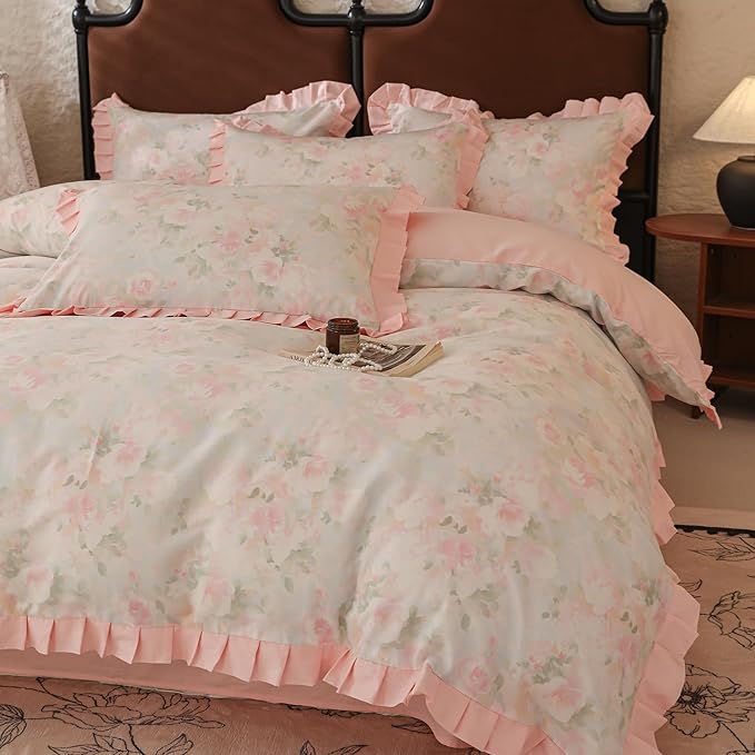 Pink Ruffle Duvet Cover Set Queen 100% Cotton Vintage Floral Comforter Cover Girls Flower Duvet Cover Romantic Princess Bedding Lace Comforter Cover with Zipper Ties Breathable Floral Bedding Queen