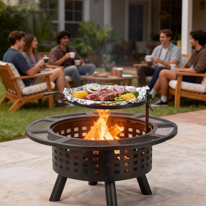 Verdeluxe 36 inch Outdoor Fire Pit with Grill,Wood Burning Firepits for Outside with Lid & Fire Poker,Metal 3-in-1 Fire Pit Table with Cooking Grate,Outdoor Fireplaces for Bonfire,Yard,BBQ（Jet Black）