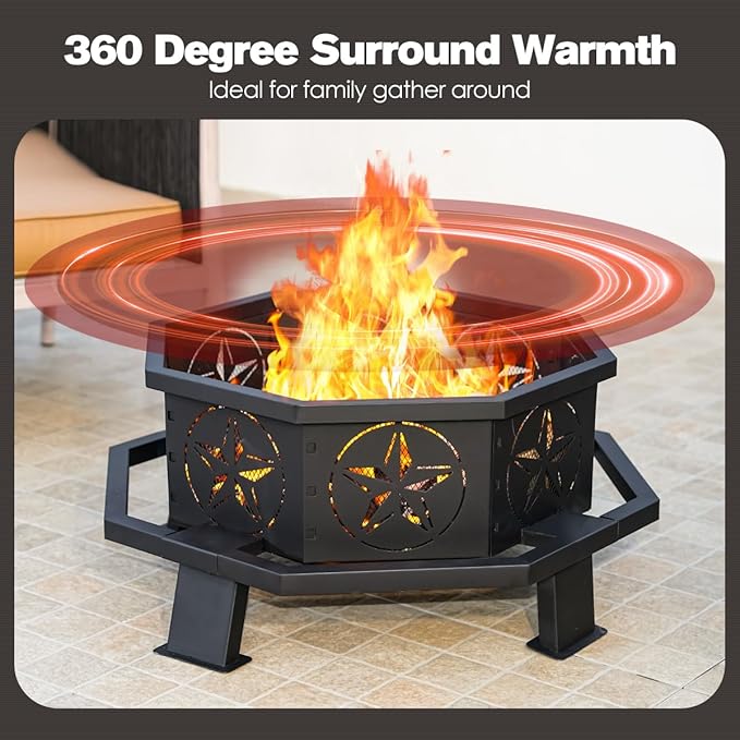 Verdeluxe 32 Inch Octagonal Outdoor Fire Pit,Wood Burning Fire Pit with Fire Poker,Firepits for Outside Bonfire,Camping,Backyard, Garden,Patio