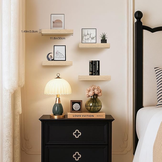 Oak Floating Shelves for Wall, Set of 4 Rustic Wood Shelves Over Toilet for Bathroom, Bedroom, Kitchen & Living Room Decor Display, for Plants, Towels & Books, 12"x7"x1.5"