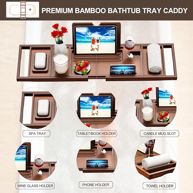 Premium Bathtub Tray Caddy - Bath Table Tray for Bathtub - Bath Tub Tray Table for Bathtub, Expandable Size, Fits Most Bath Tubs