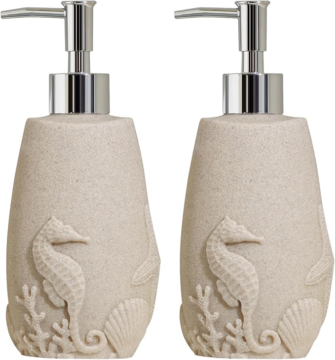 Soap Dispensers 350mL 11OZ, 2 PCS Luxurious Ocean Hand Dish Lotion Shampoo Soap Dispenser Jar, Sea Shell Soap Pump Bottles for Kitchen Bathroom Countertop Beige