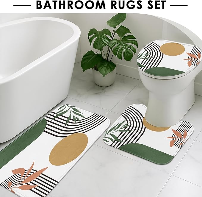 Boho Mid Century Shower Curtain Set with Toilet Lid Cover and Non-Slip Rugs, Abstract Green 4 Pcs Modern Minimalist Shower Curtain for Bathroom Set with 12 Hooks