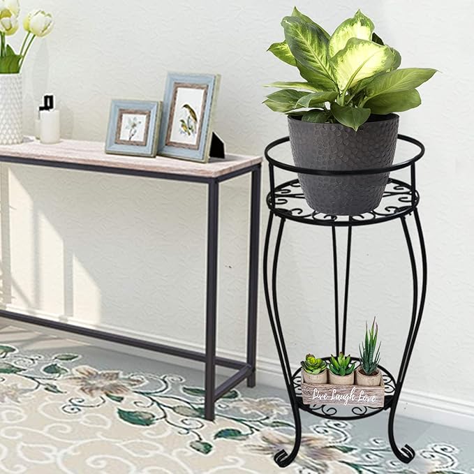 CASIMR 2 Tier Plant Stand, 2-Pack 28.1 inch Tall Metal Potted Holder Rack,Indoor Outdoor Multiple Flower Pot Shelf Rustproof Iron Garden Container for Garden Patio Living Room Corner Balcony, Black